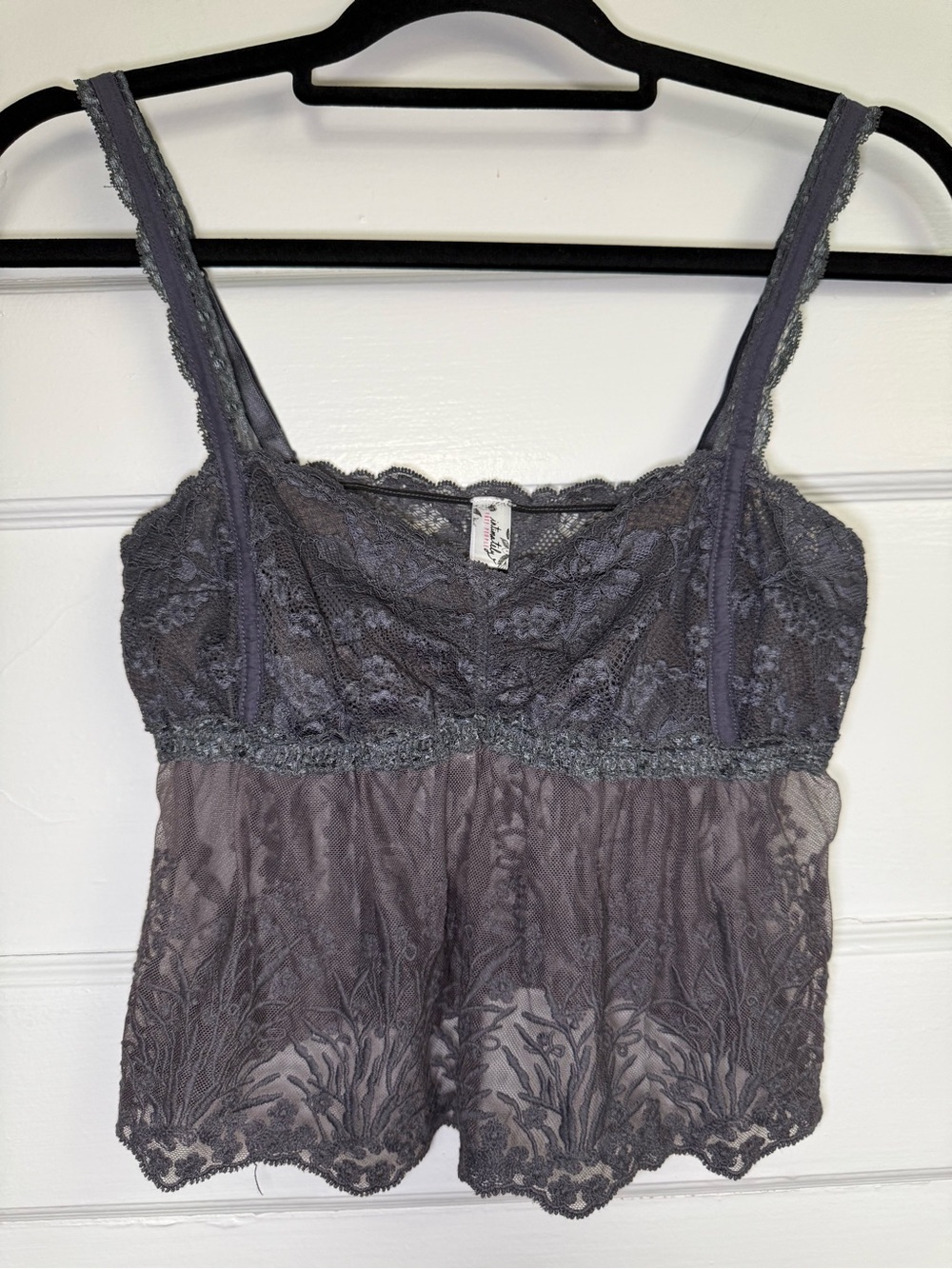 Free People Intimately Sheer Lace-Trim Babydoll Camisole in Charcoal Gray S